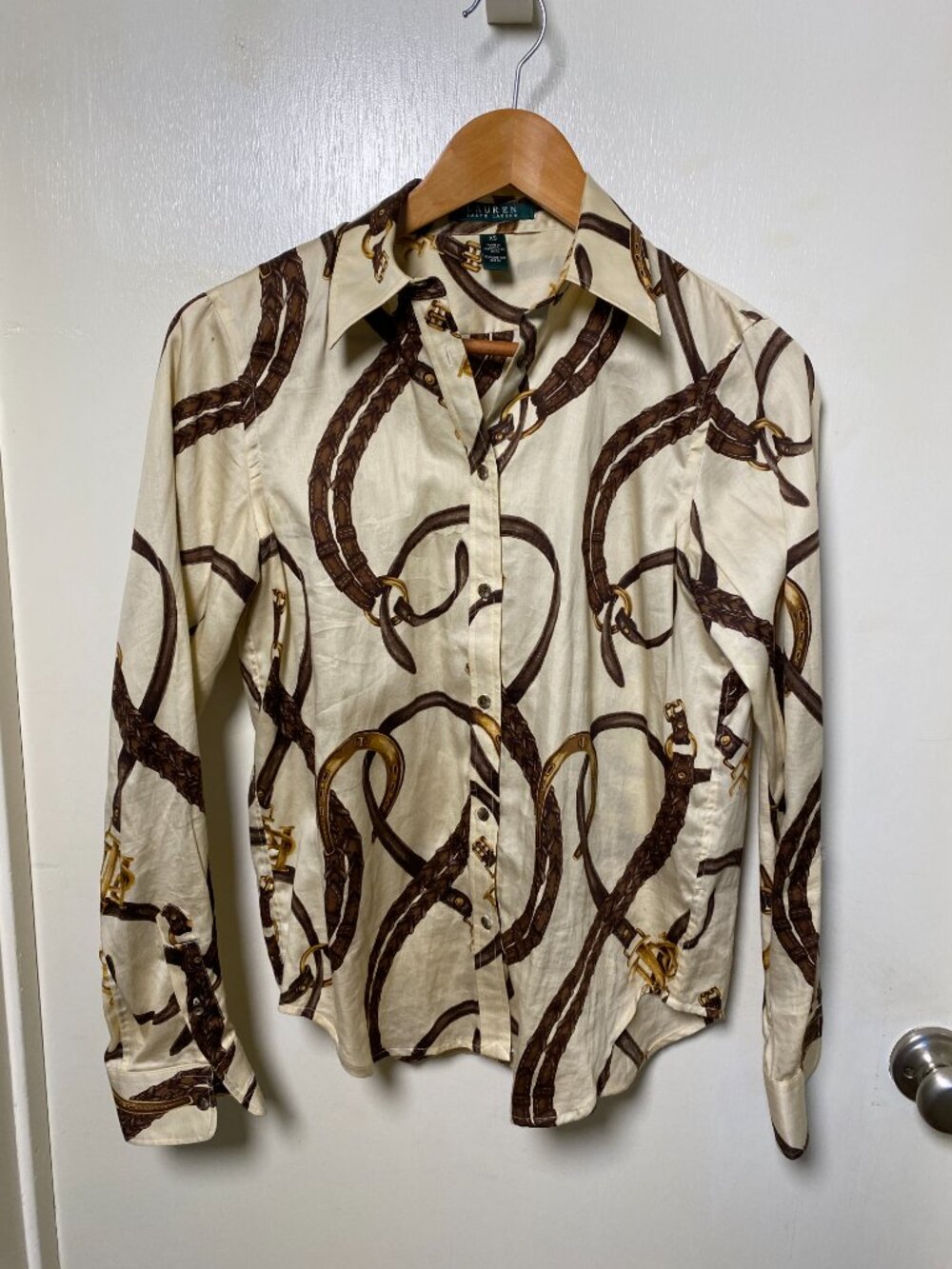 Ralph Lauren Equestrian Print Button Front Shirt XS Horseshoe Belt Bridle Wester
